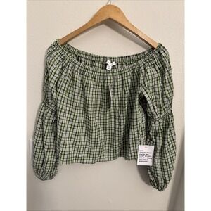 Top Shop Green Plaid Off-Shoulder Women's Top Size 4 New 59.99